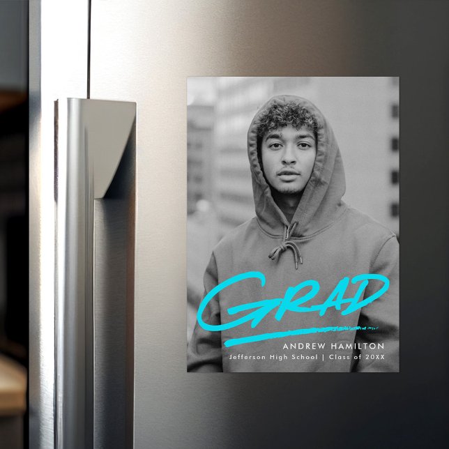 Modern Dashed Turquoise Photo Graduation Magnetic Invitation (Creator Uploaded)