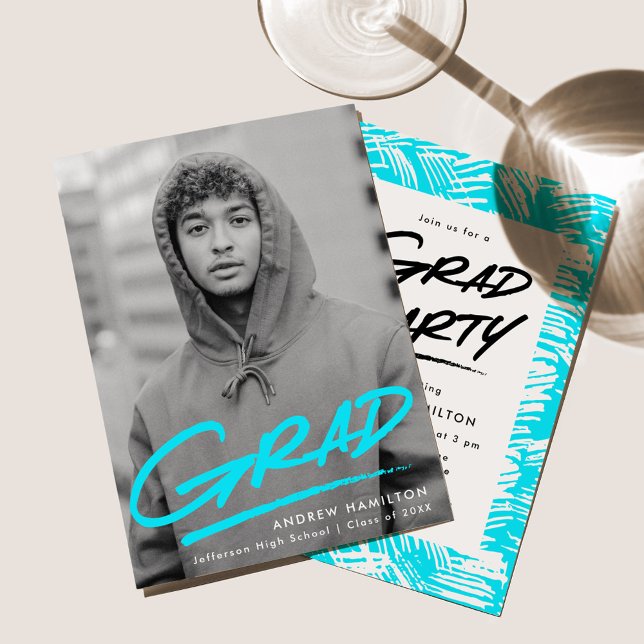 Modern Dashed Turquoise Photo Graduation Party Invitation (Creator Uploaded)
