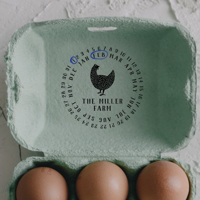 Modern Date & Chicken Farm Name Personalised Egg Self-inking Stamp (Rubber Stamp Mock-up)