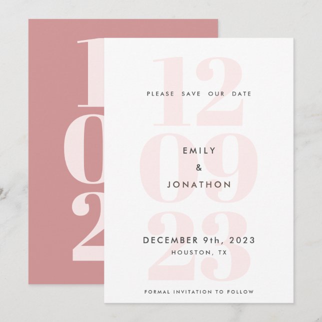 Modern Date Number Typography Dusty Pink Save The Date (Front/Back)