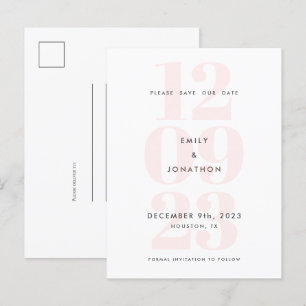 Modern Date Numeral Typography Pink Save The Date Announcement Postcard