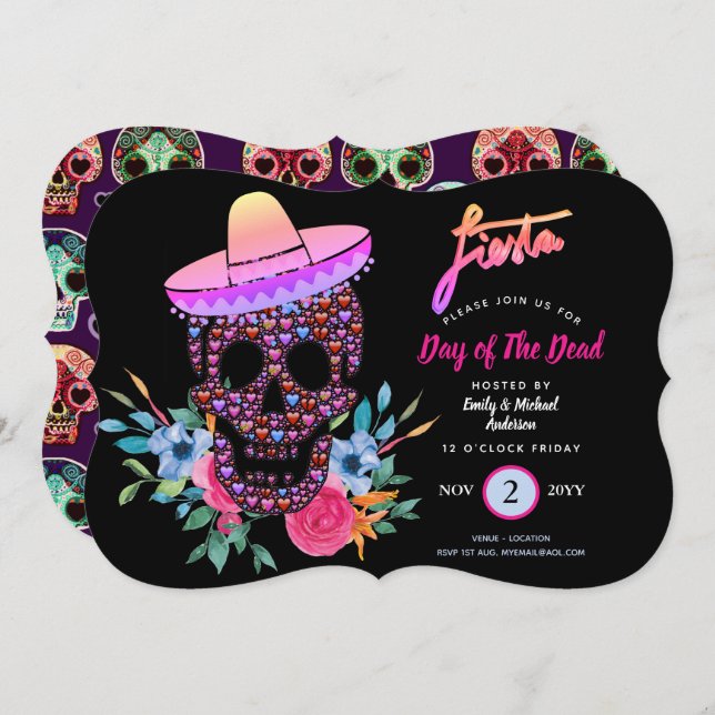 Modern Day of The Dead Fiesta Invites Pink Black (Front/Back)