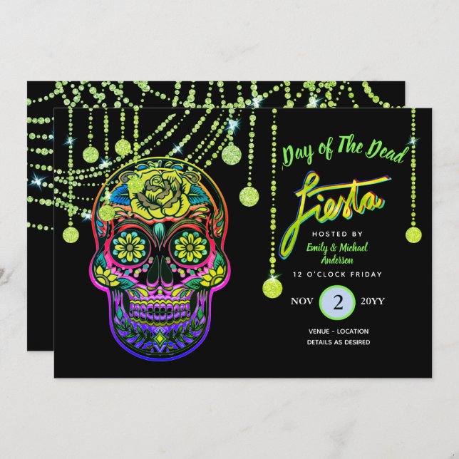 Modern Day of The Dead Fiesta Invites Sugar Skull (Front/Back)