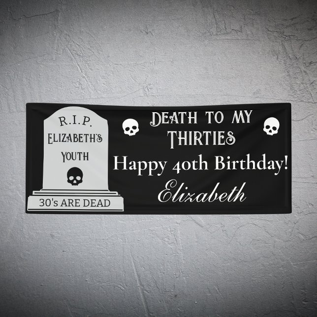 Modern Death to My 30s Black 40th Birthday Party Banner (Creator Uploaded)