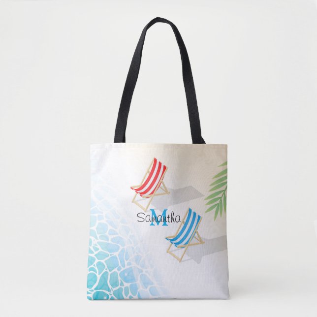 Modern Deckchairs at Seaside Art Personalised Tote Bag (Front)