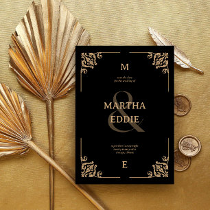 Modern Deco Black and Gold Photo Back Wedding Save The Date