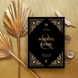 Modern Deco Black and Gold Photo Back Wedding Save The Date