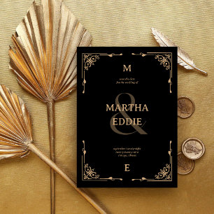 Modern Deco Black and Gold Photo Back Wedding Save The Date