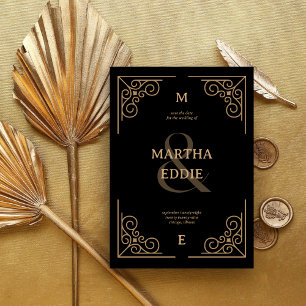 Modern Deco Black and Gold Photo Back Wedding Save The Date