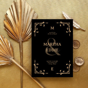 Modern Deco Black and Gold Photo Back Wedding Save The Date