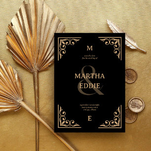 Modern Deco Black and Gold Photo Back Wedding Save The Date