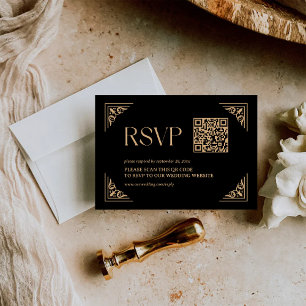 Modern Deco   Black and Gold Wedding QR Code RSVP Card