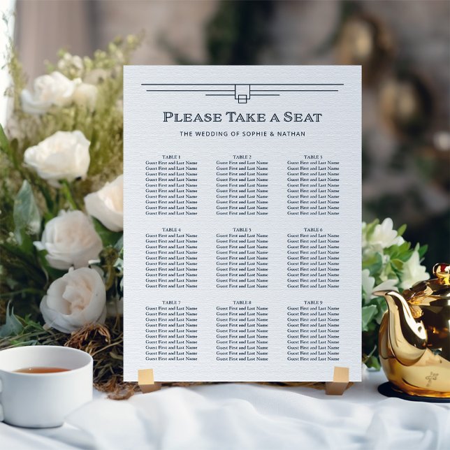 Modern Deco | Black and White Seating Chart (An elegant, black and white art deco style wedding seating chart)