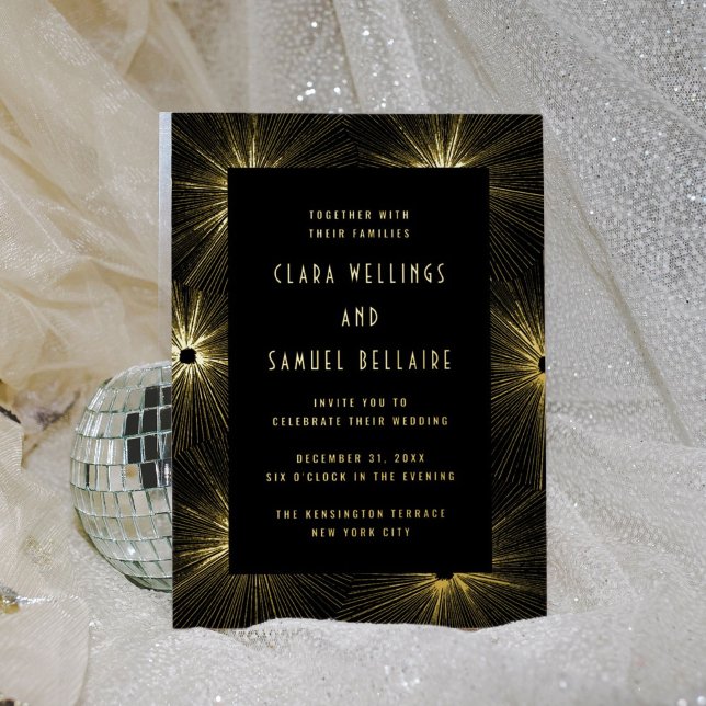 Modern Deco Black Wedding Gold Foil Invitation (Glitzy black and gold foil wedding invitation.)