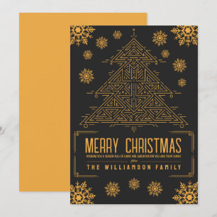 Modern Deco Christmas Tree Snowflakes Orange Black Holiday Card