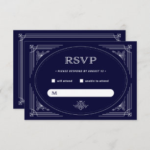 Modern Deco Dark Navy Blue and White RSVP Card