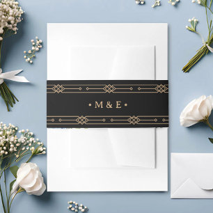 Modern Deco   Elegant Black and Faux Gold Wedding Invitation Belly Band