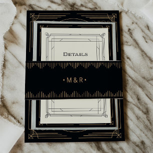 Modern Deco Elegant Black and Faux Gold Wedding Invitation Belly Band