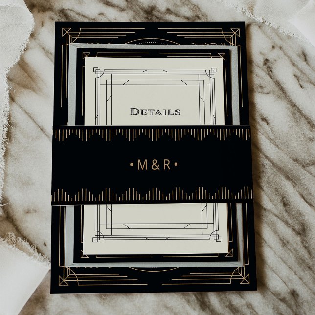 Modern Deco | Elegant Black and Faux Gold Wedding Invitation Belly Band (Creator Uploaded)
