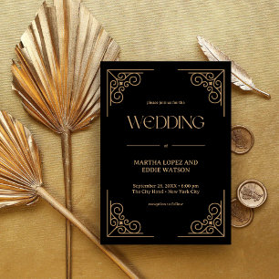 Modern Deco Elegant Black and Gold Wedding Invitation