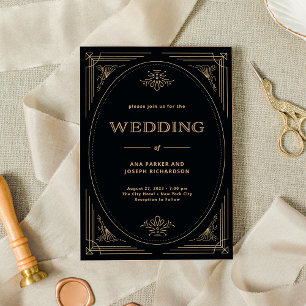 Modern Deco Elegant Black and Gold Wedding Invitation