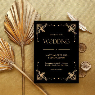 Modern Deco   Elegant Black and Gold Wedding Invitation