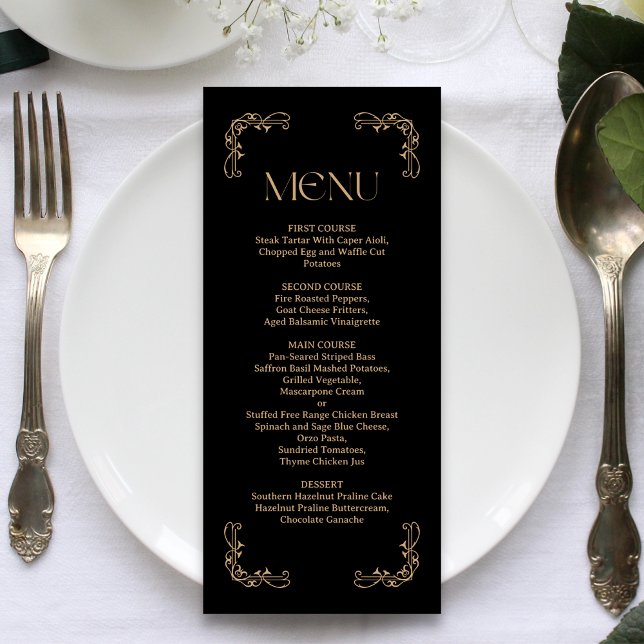 Modern Deco | Elegant Black and Gold Wedding Menu (Elegant black and gold wedding menu presents your courses with a sleek personalized touch)