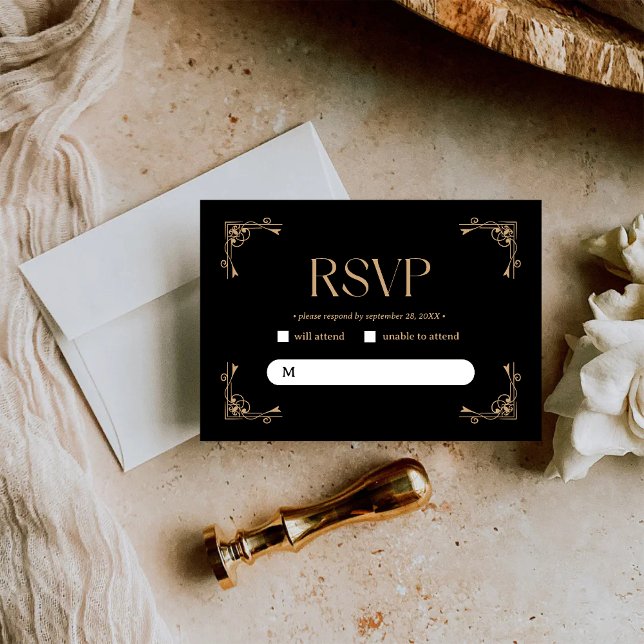 Modern Deco | Elegant Black and Gold Wedding RSVP Card (Modern deco black and gold RSVP card captures guest responses with a refined, personal touch.)
