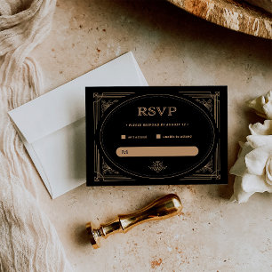 Modern Deco Elegant Black and Gold Wedding RSVP Card