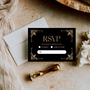 Modern Deco Elegant Black and Gold Wedding RSVP Card