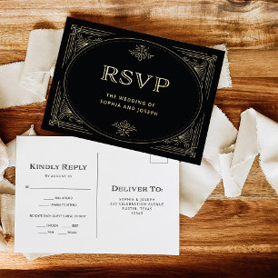 Modern Deco   Elegant Black and Gold Wedding RSVP Foil Invitation Postcard