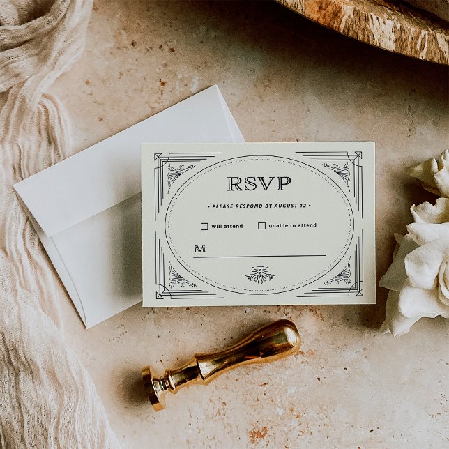 Modern Deco | Elegant Black and Ivory Wedding RSVP Card (Creator Uploaded)