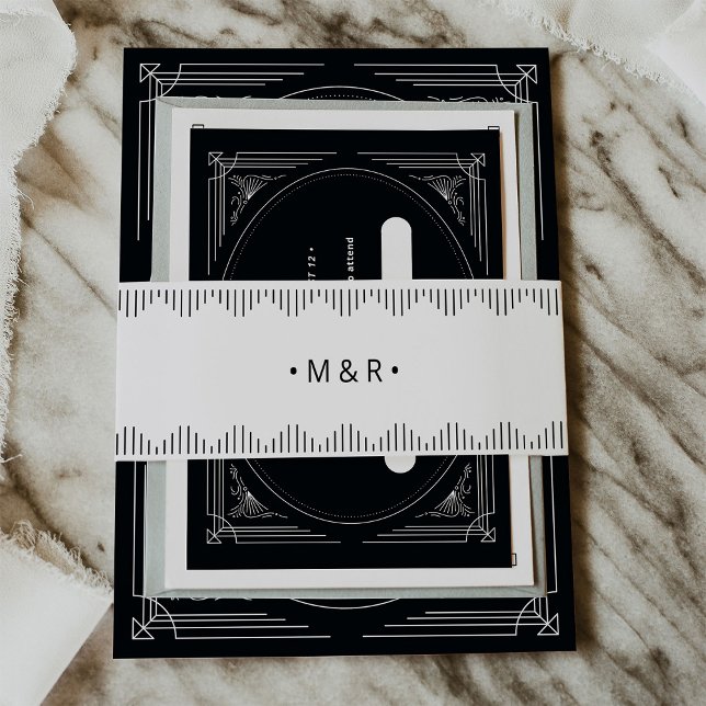 Modern Deco | Elegant Black and White Wedding Invitation Belly Band (Creator Uploaded)