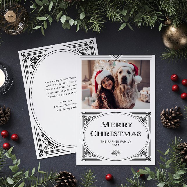 Modern Deco | Elegant Black and White with Photo Holiday Card (An elegant, art deco style black and white Christmas card)