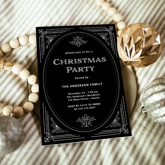 Modern Deco | Elegant Black Christmas Party Invitation (An elegant, black art deco style Christmas party invitation)