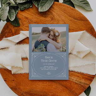 Modern Deco   Elegant Dusty Blue and White Photo Save The Date