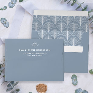 Modern Deco Elegant Dusty Blue and White Wedding Envelope