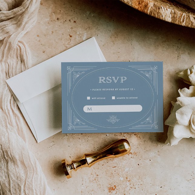 Modern Deco | Elegant Dusty Blue and White Wedding RSVP Card (Creator Uploaded)