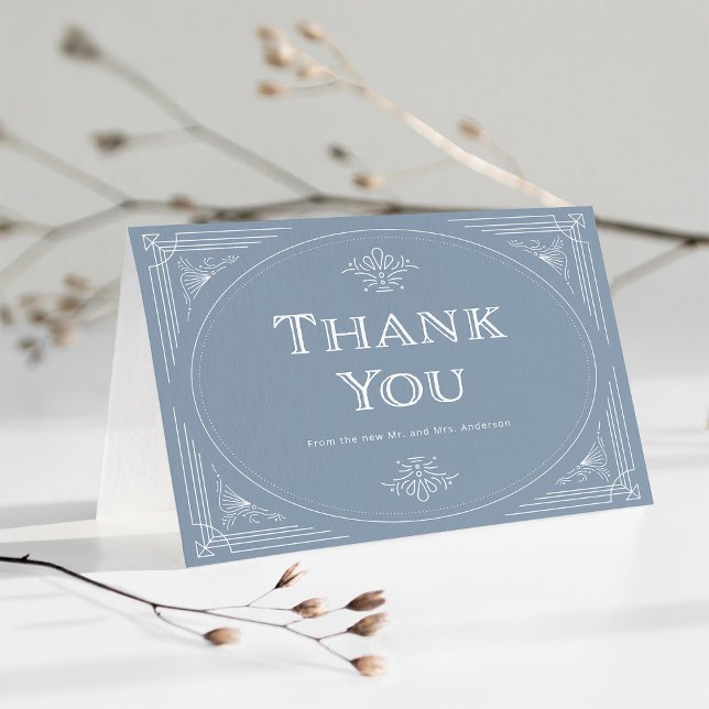 Modern Deco | Elegant Dusty Blue and White Wedding Thank You Card (Creator Uploaded)