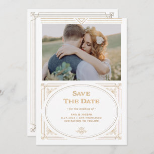 Modern Deco   Elegant Faux Gold and White Photo Save The Date