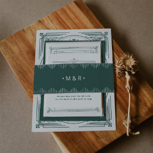 Modern Deco   Elegant Festive Green with Monograms Invitation Belly Band