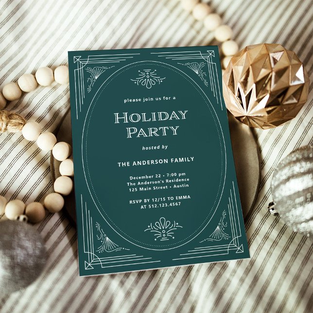 Modern Deco | Elegant Green Holiday Party Invitation (An elegant, art deco style green holiday party invitation)