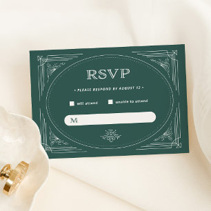 Modern Deco Elegant Green Holiday Wedding RSVP Card