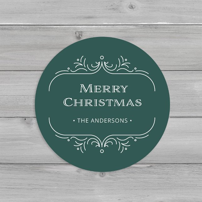 Modern Deco | Elegant Green Merry Christmas Classic Round Sticker (An elegant green art deco style Christmas sticker)