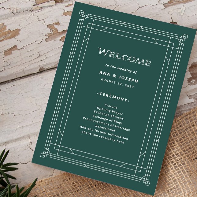 Modern Deco | Elegant Holiday Green Wedding Programme (A festive green welcome program for your holiday wedding)