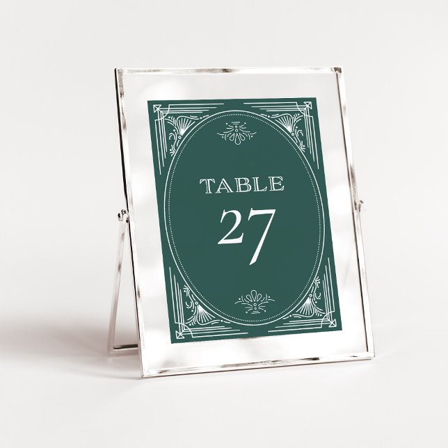 Modern Deco | Elegant Holiday Green Wedding Table Number (Festive green table numbers in an elegant art deco style for your holiday wedding)