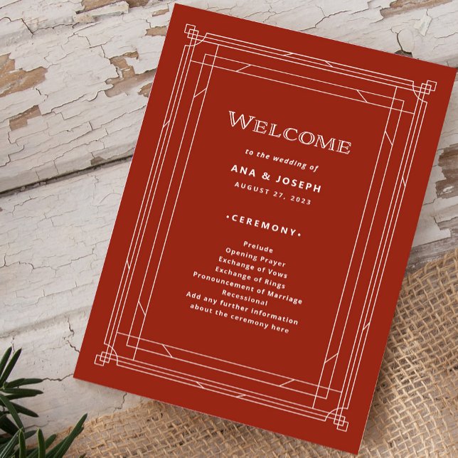 Modern Deco | Elegant Holiday Red Wedding Programme (A festive red welcome program for your holiday wedding)