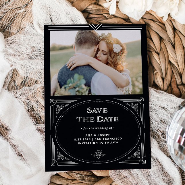 Modern Deco | Elegant Onyx Black and White Photo Save The Date (Creator Uploaded)