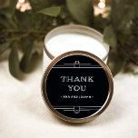 Modern Deco | Elegant Onyx Black and White Wedding Classic Round Sticker<br><div class="desc">These glamourous wedding stickers feature a modern spin on classic art deco. Ornate,  white geometric borders and ornamentation decorate an elegant onyx black background for a dramatic,  vintage wedding look. Classic white typography says "thank you",  making these perfect to add to your wedding favours.</div>