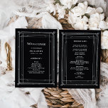 Modern Deco | Elegant Onyx Black and White Wedding Programme<br><div class="desc">This glamourous wedding program features a modern spin on classic art deco. An ornate,  white geometric frame and ornamentation decorate an elegant dark onyx black background for a dramatic,  vintage welcome program look.</div>